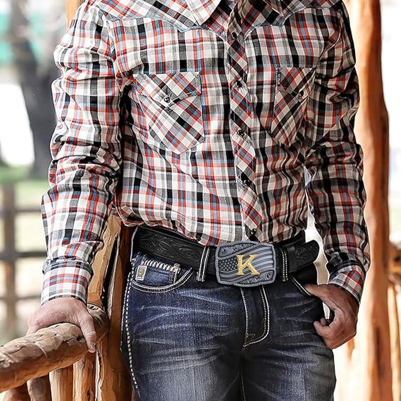 Fibbadet Store Western Cowboy Initial Letters A-Z American Flag Belt Buckle for Men Fathers Day Boyfriend Husband - Image 3